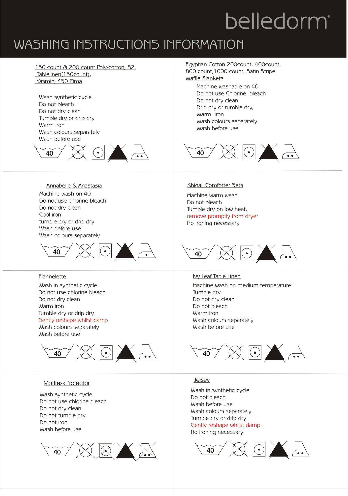 Belledorm washing instruction