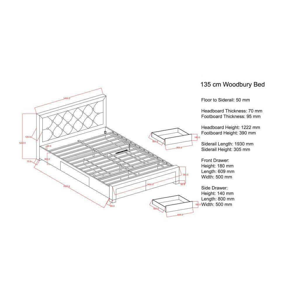 Birlea Woodbury Bed Frame 135cm Measurements