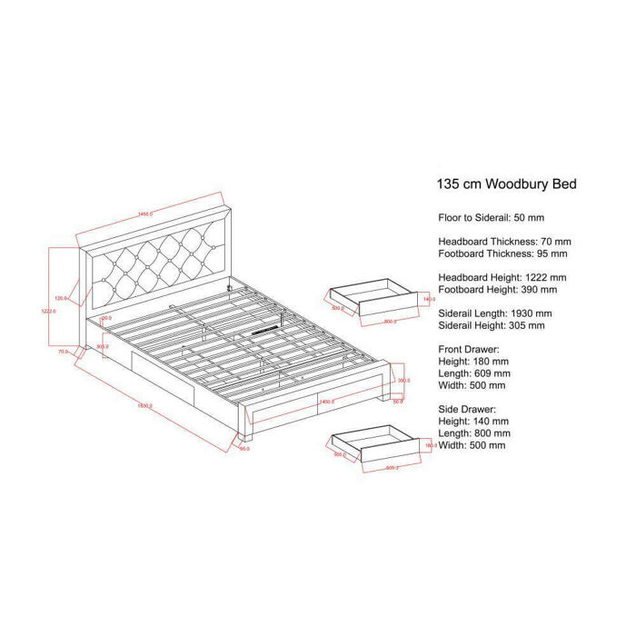 Birlea Woodbury Bed Frame 135cm Measurements