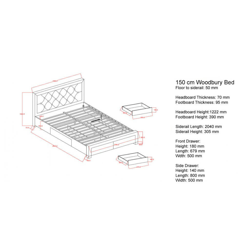Birlea Woodbury Bed Frame 150cm Measurements