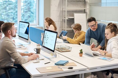 Group of people sitting in an office and working on their laptops.