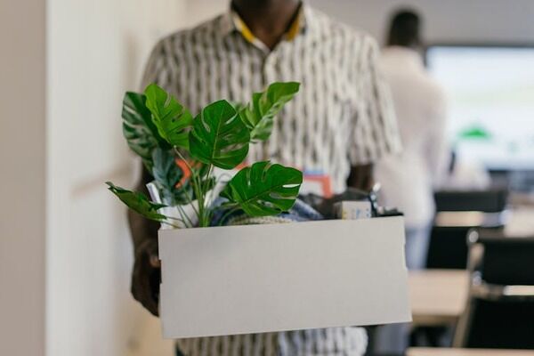 An employee carrying a box with office items