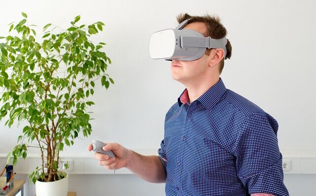 New employee wearing VR headset.
