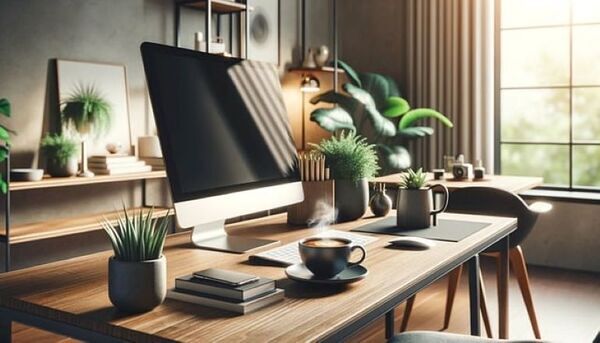 A well-organized home office setup with a desktop computer, potted plants, and books.