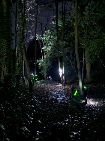 kids playing with glow sticks in woods