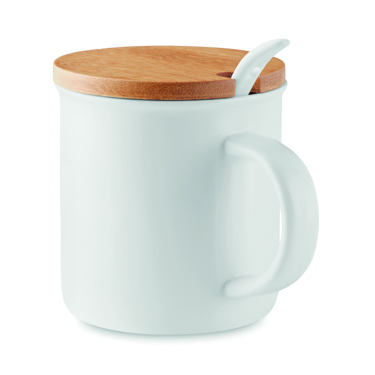 Porcelain mug with spoon and bamboo lid