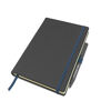 Casebound notebook with optional page marker, strap, pen loop and outer edge stitching