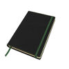 Notebook with optional page marker, strap, and outer edge stitching