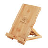 Foldable tablet or smartphone stand in bamboo (sample branding)