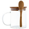 Glass mug with bamboo lid and spoon