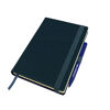 Notebook with optional page marker, wide strap, and pen loop
