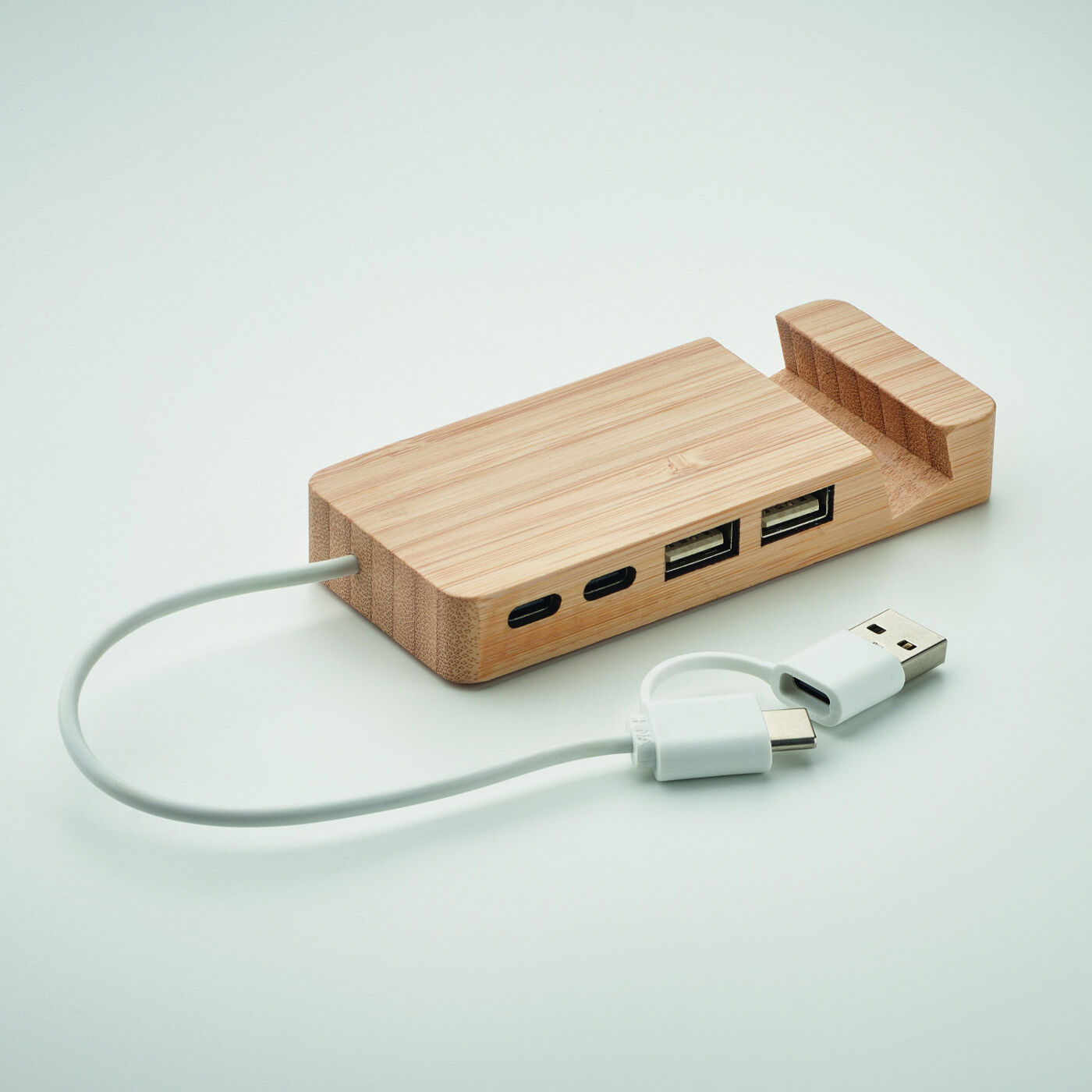 Bamboo Phone Stand and USB Hub (showing 2-in-1 input adaptor)