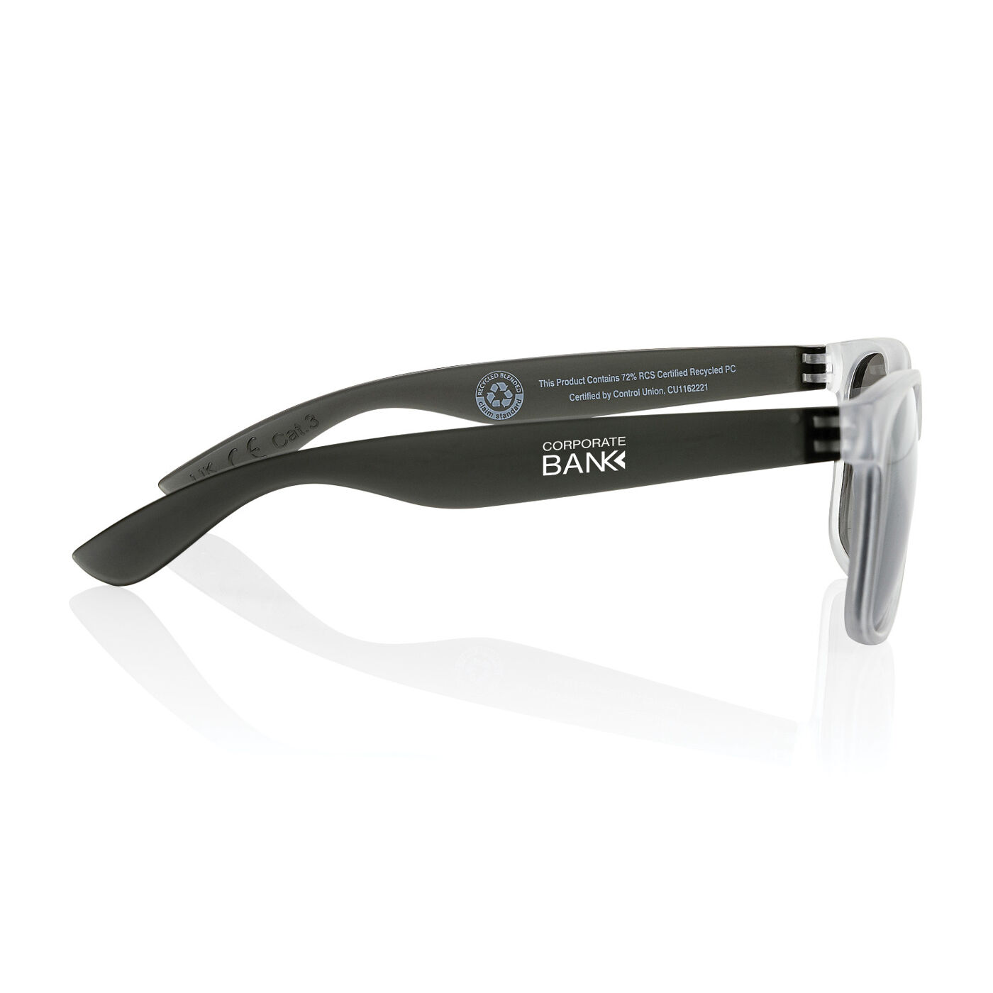 Gleam Recycled Mirror Sunglasses (black/white with sample branding)