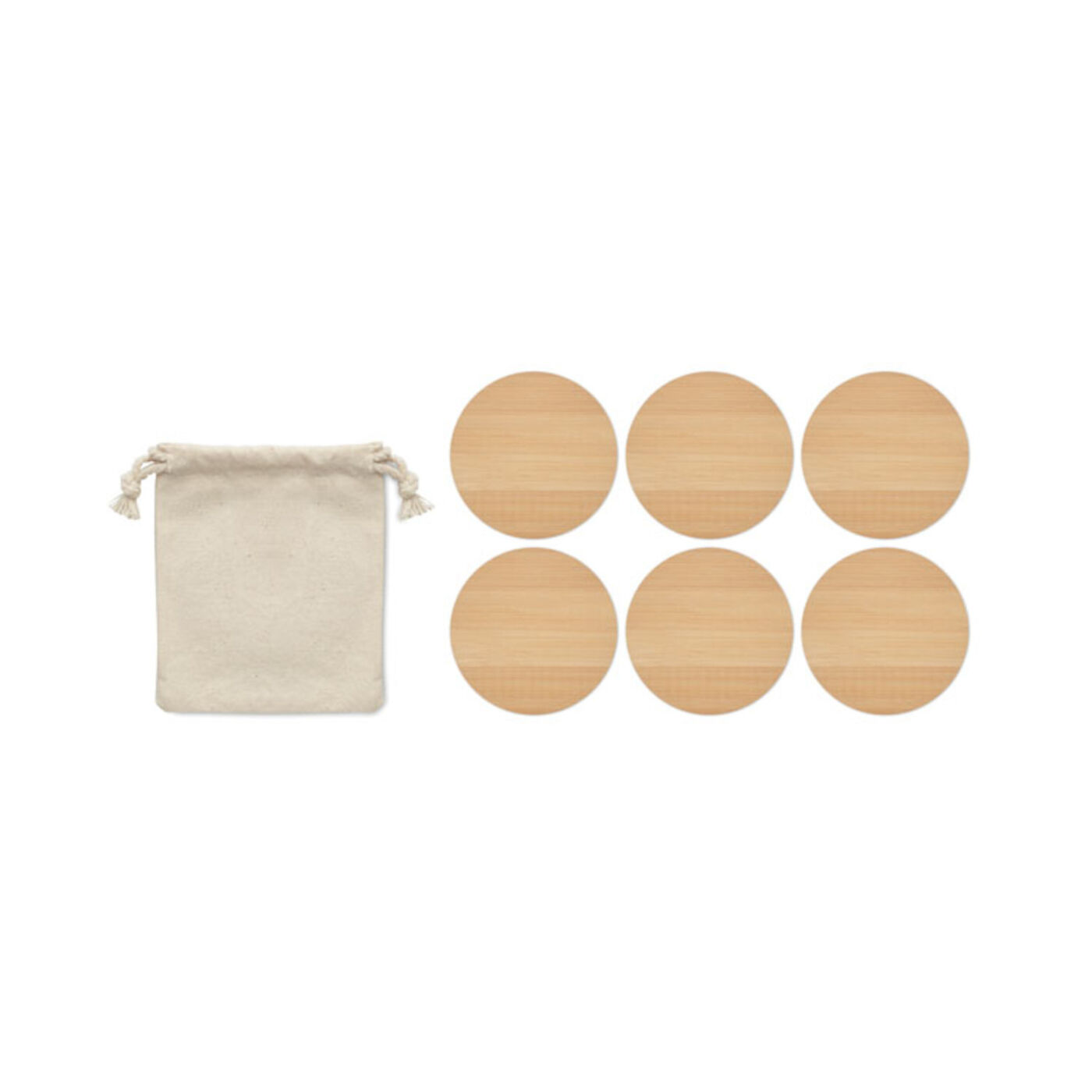 Set of 6 Bamboo Coasters in a Cotton Drawcord Bag