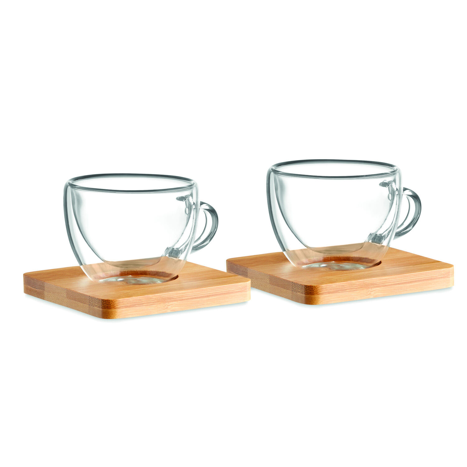 Two Glass Espresso Cups with Bamboo Saucers