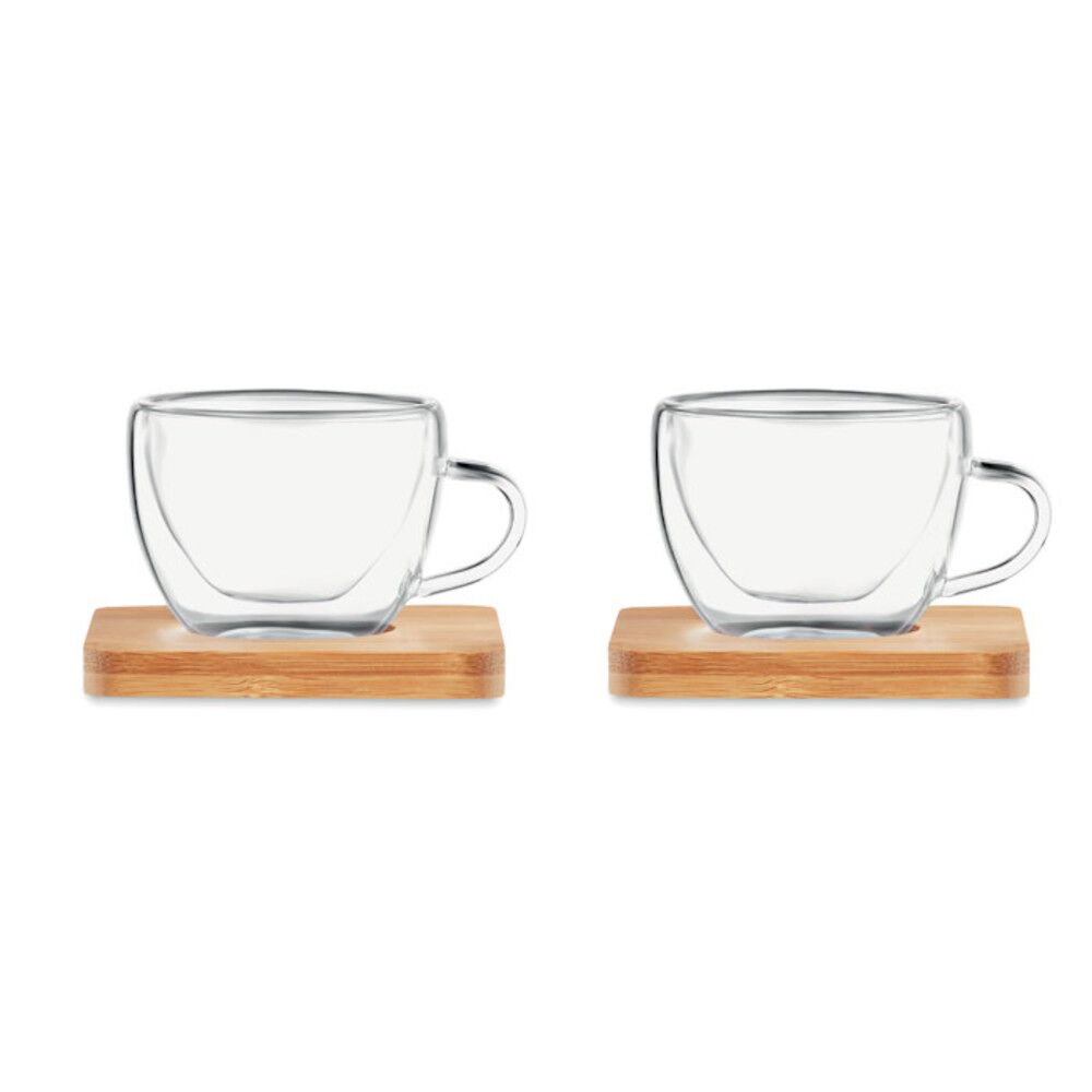 Two Glass Espresso Cups with Bamboo Saucers