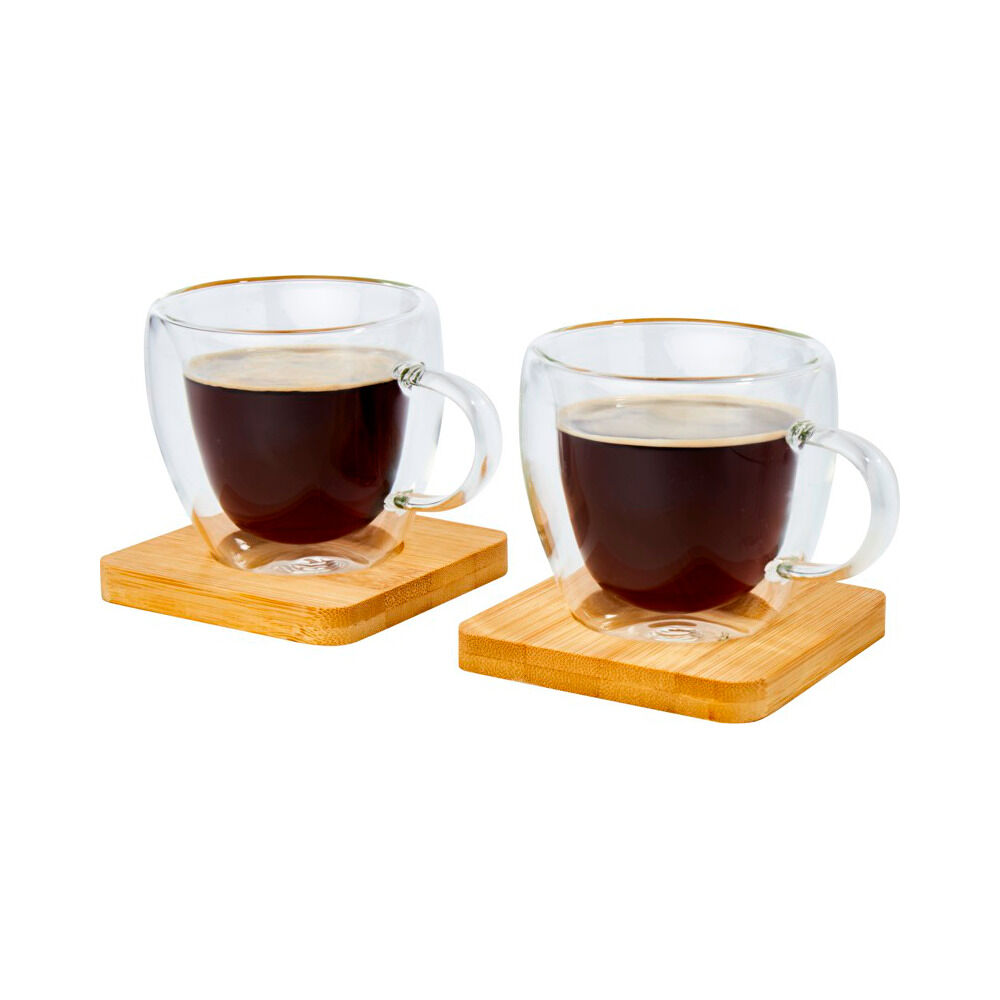 Two Insulated Glass Cups on Bamboo Coasters