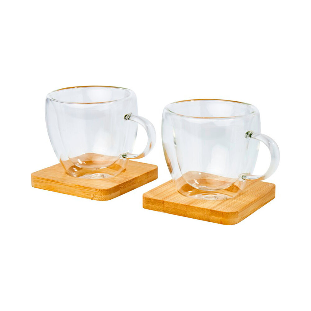 Two Insulated Glass Cups on Bamboo Coasters