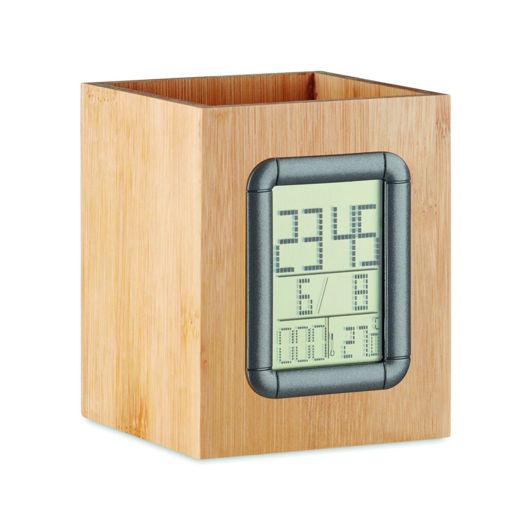 Bamboo pen holder with digital calendar