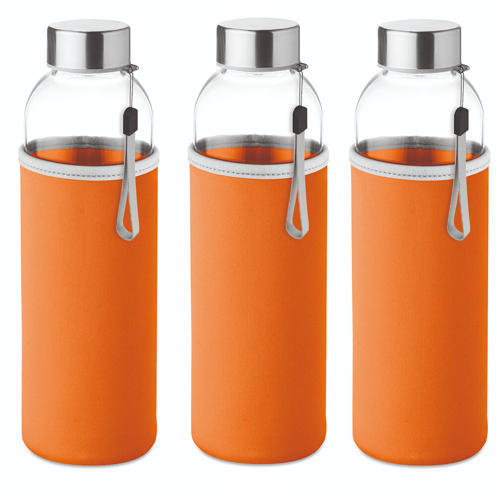 Slim glass bottle 500 ml with coloured neoprene sleeve orange