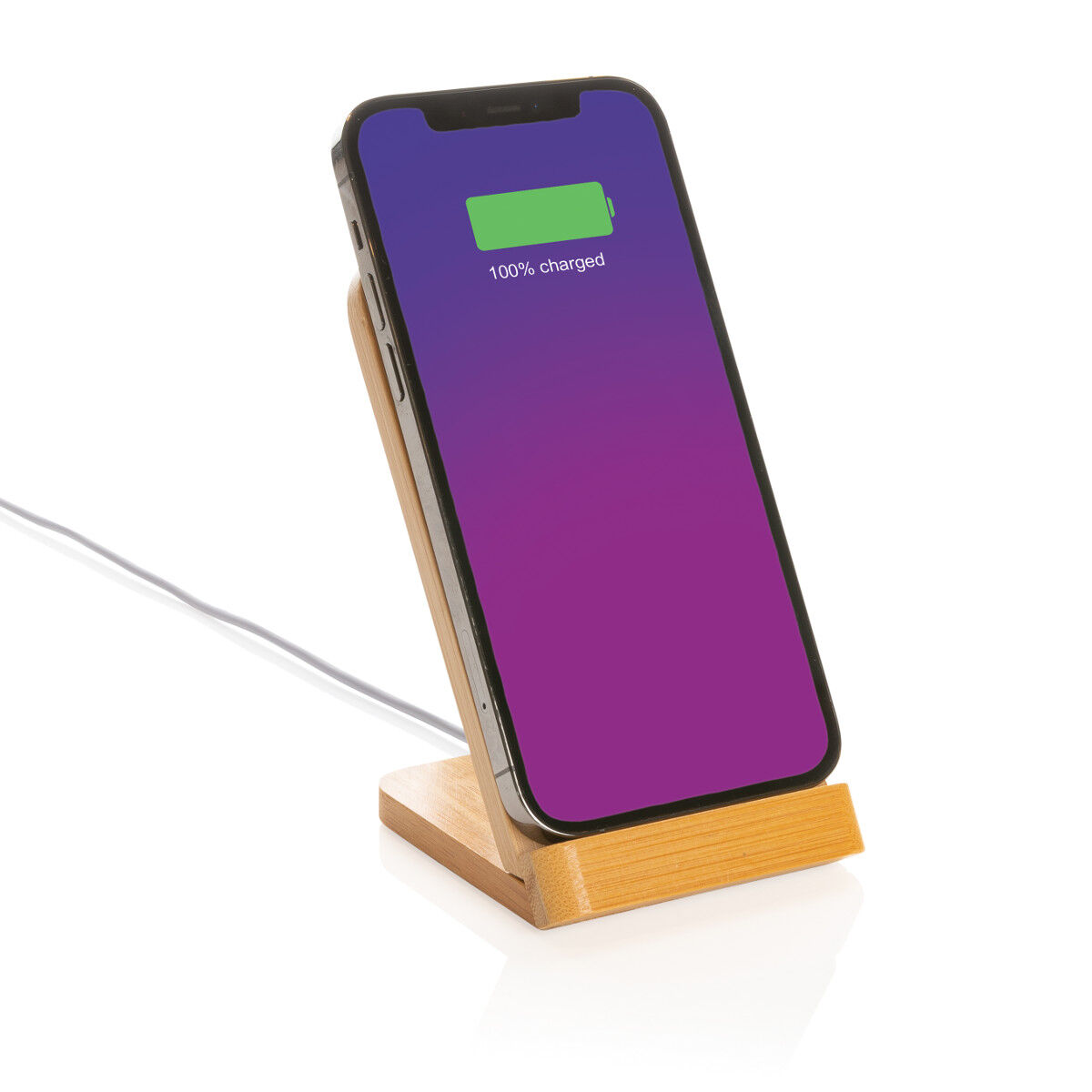 Bamboo 5W wireless charging stand (in use)