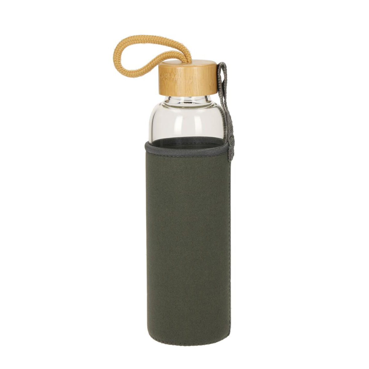 Glass bottle with bamboo lid and sleeve