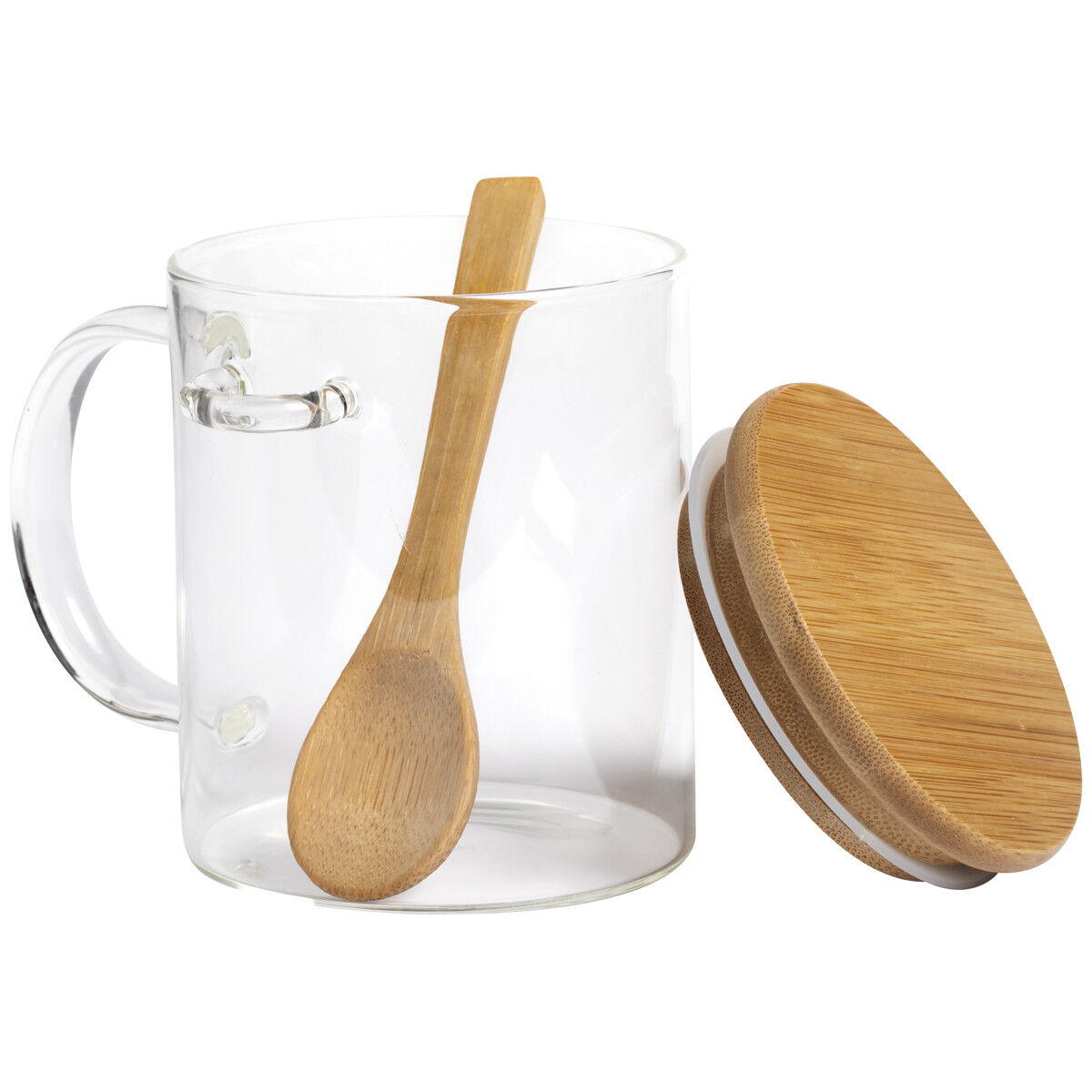 Glass mug with bamboo lid and spoon
