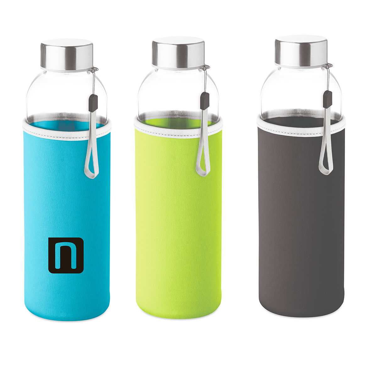 Slim glass bottle 500 ml with coloured neoprene sleeve colours