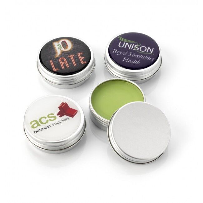 Lip Balm in a silver metal tin with screw on lid