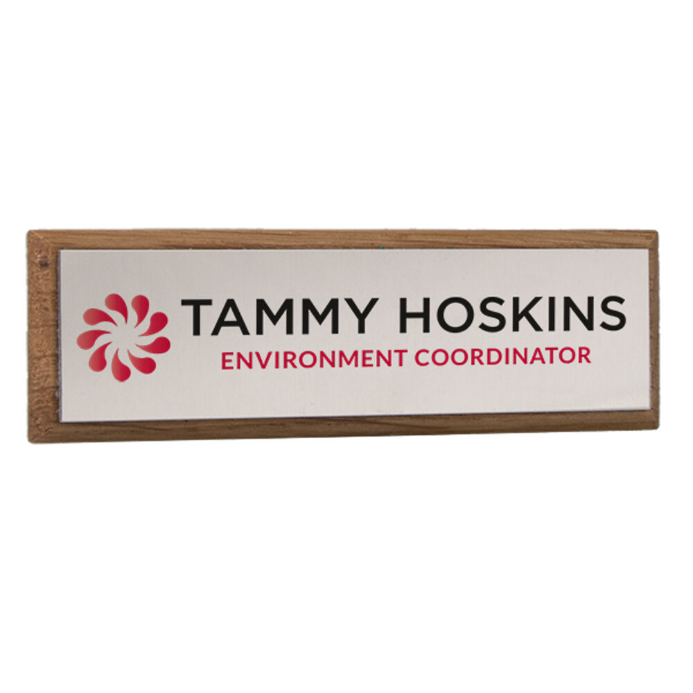 Personalised Metal on Wood Name Badges