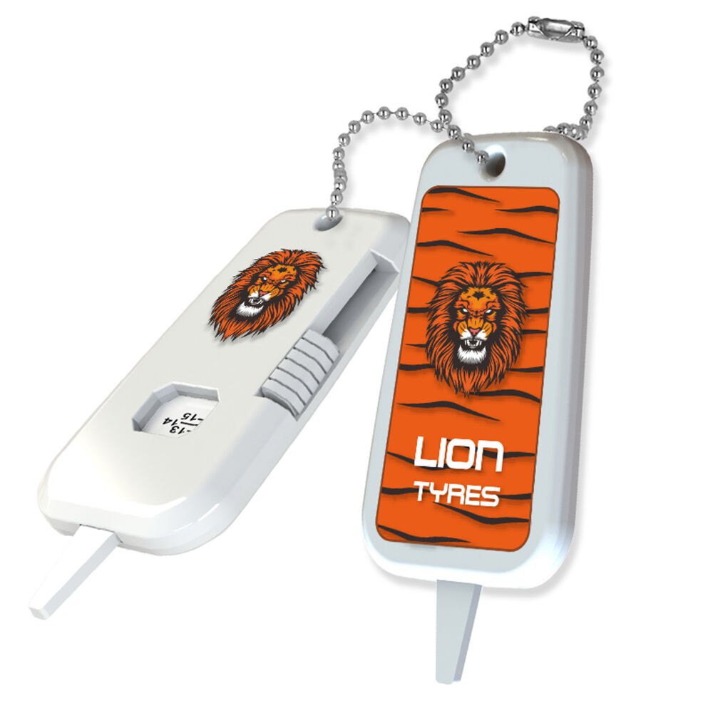 Recycled Tyre Tread Gauge (white with sample branding)
