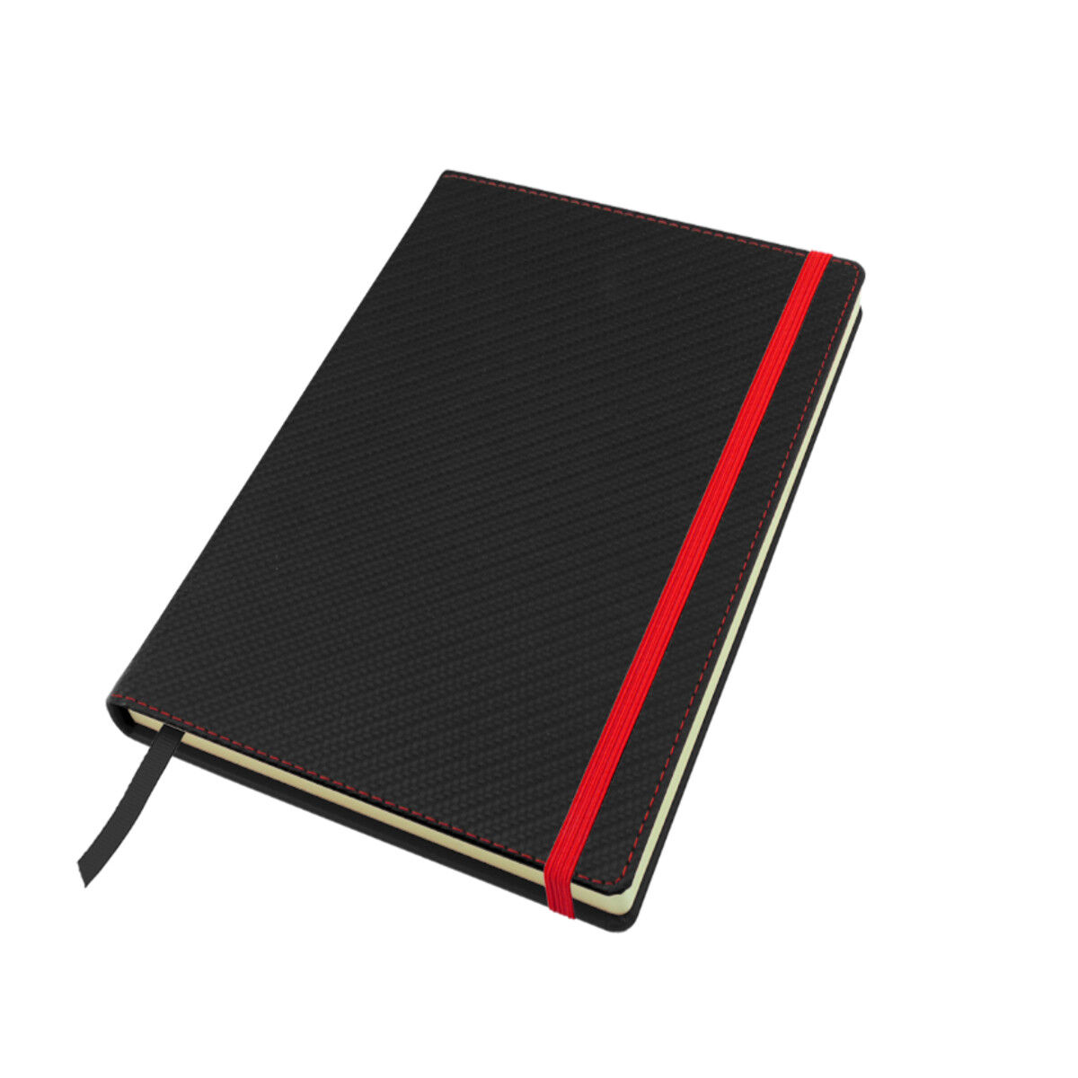 Casebound notebook with optional page marker, strap and outer edge stitching