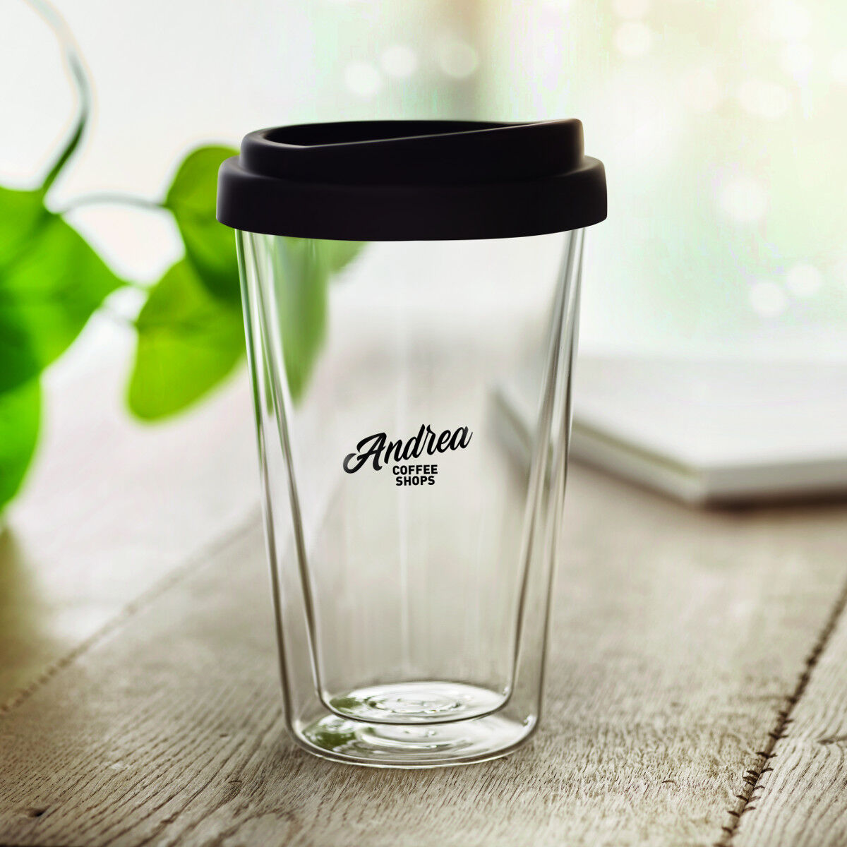 Double walled takeaway glass with silicone lid (sample branding)