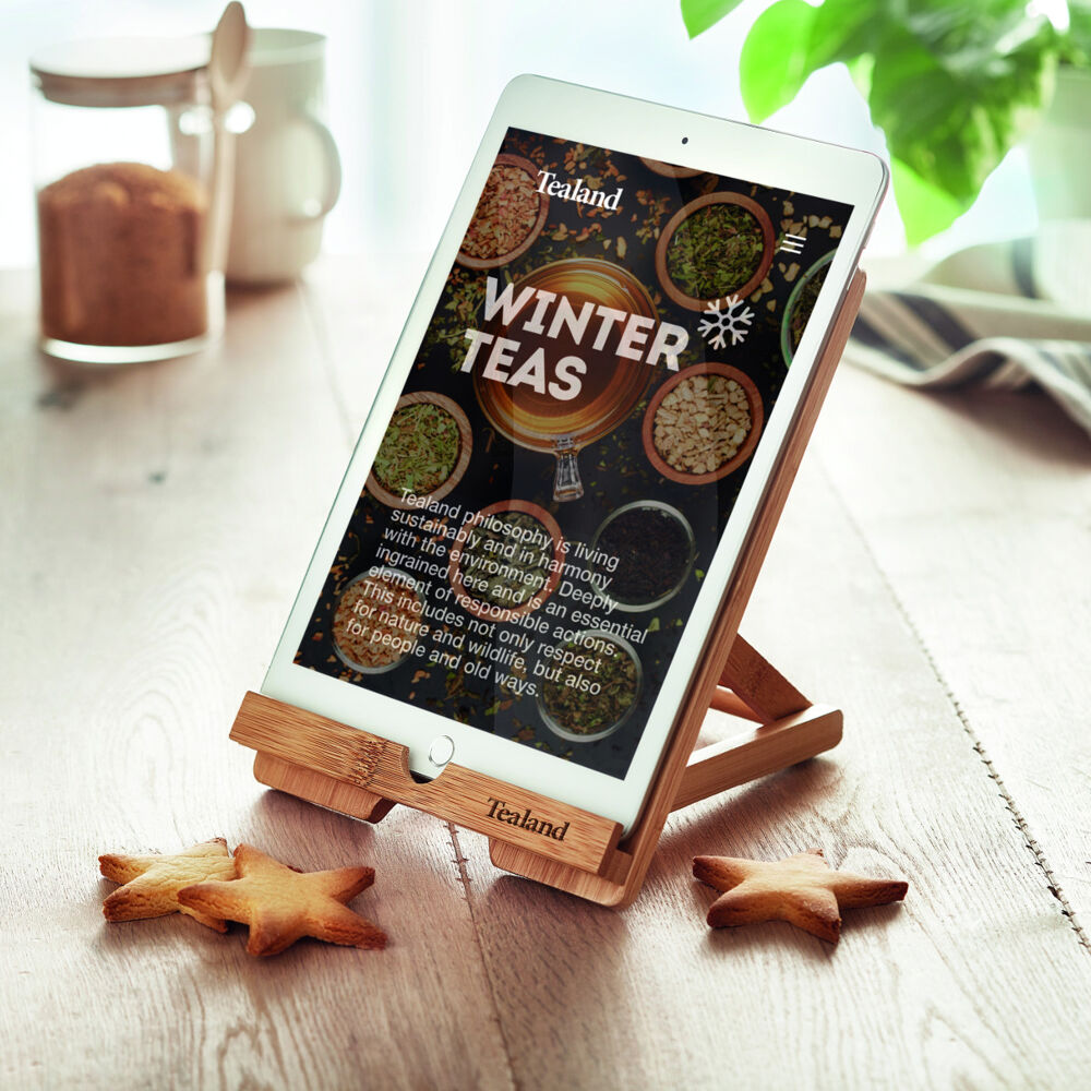 Foldable tablet or smartphone stand in bamboo (sample branding)