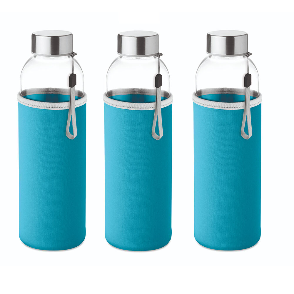 Slim glass bottle 500 ml with coloured neoprene sleeve blue