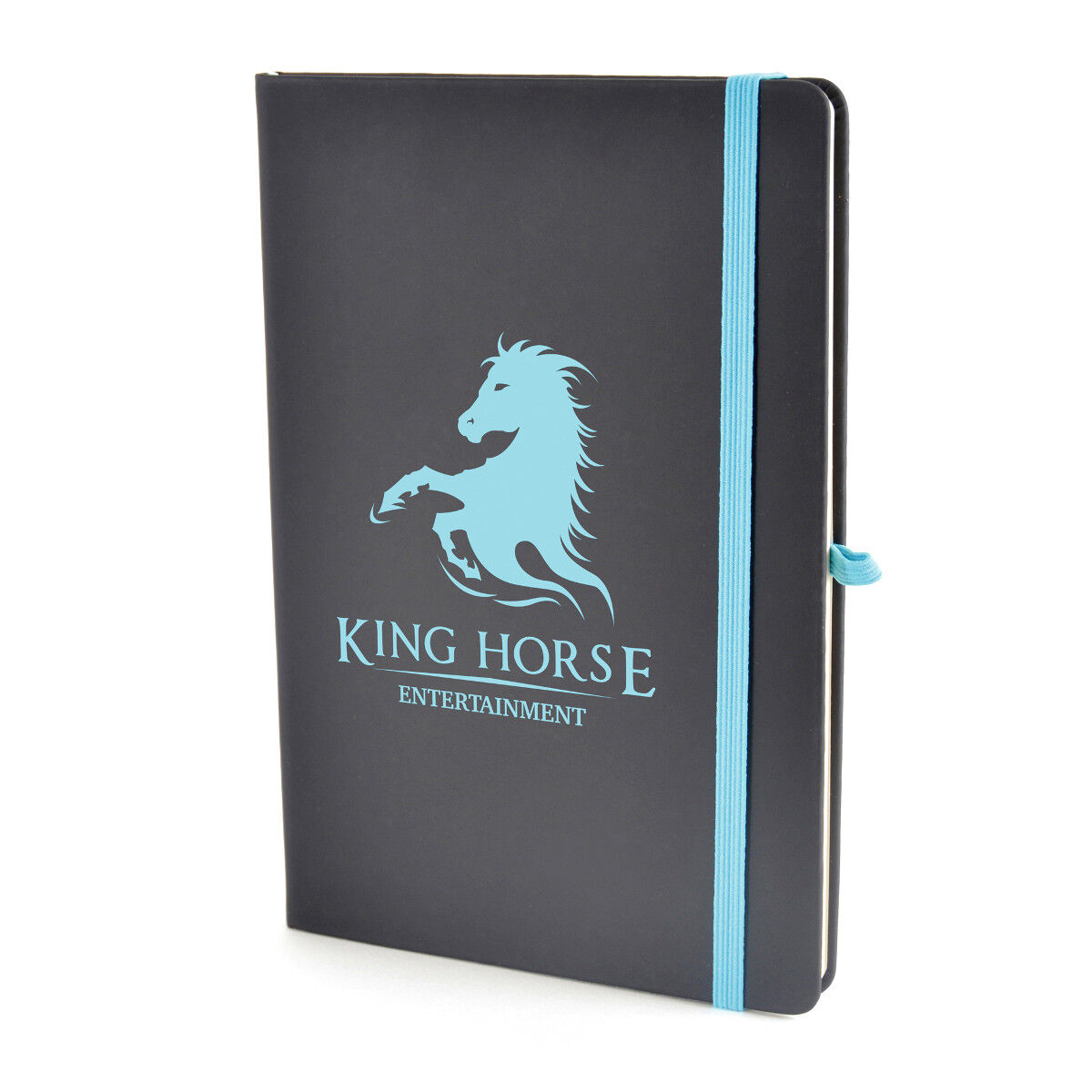 Sample branding on notebook with cyan colour scheme
