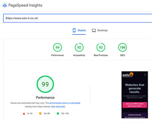 SolvIt home page, PageSpeed Insights results Feb23